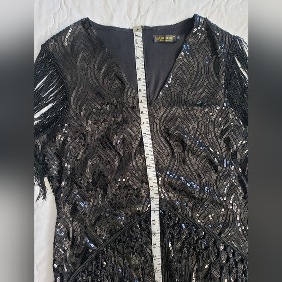 Gatsby Flapper Dress 1920s Inspired Black Fringe W/ Shimmer Sequin, Vintage Glam - Picture 3 of 12